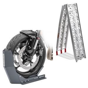 Set: rampe de chargement en Alu max. 340 kg pliable pour scooter quad ATV + Bloque Roue Easy-Fix Béquille Avant à 21 Pouces gris
