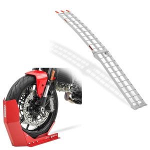 Set: Rampe de Chargement Alu II en Alu max. 340 kg pliable pour Moto ATV + Bloque Roue Easy-Fix Béquille Avant à 21 Pouces rouge