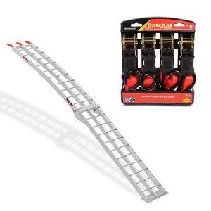 Set: Auffahrrampe bis 340 kg Alu-II Rollschutz + Spanngurt Set mit Ratsche und Haken inkl 4x Zurrschlaufe in rot_1
