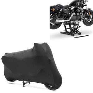 Set: Hebebühne Mid-lift L Motorradheber passend für Chopper / Custombike bis 680 kg + Motorradabdeckung Indoor XL-XXL Stretch Garage in schwarz CB38789