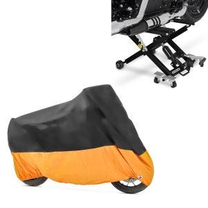 Set: Moto Pont elevateur ciseaux Mid-lift XL Cric hydraulique 500kg en noir + Housse de Moto XXXL Bache Moto imperméable en noir-orange