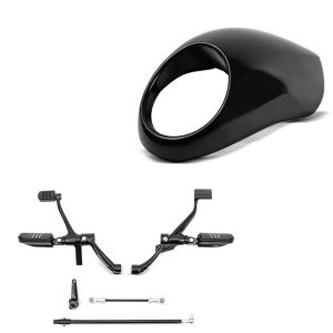 Set: Moto commandes avancées compatible avec Harley Davidson Sportster 14-20 Craftride en noir + Carenage de phare compatible avec Harley Davidson Dyna -2005 / Sportster 95-20 noir Craftride