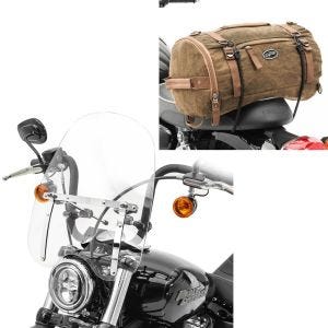 Set: Windschild CW1 passend für Chopper Cruiser und Custombikes klar + Hecktasche Vintage 25L Canvas Rucksack Gepäckrolle braun