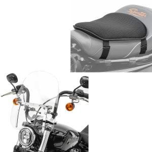Set: Windschild CW1 passend für Chopper Cruiser und Custombikes klar + Gel Sitzkissen M Universal Komfortkissen schwarz