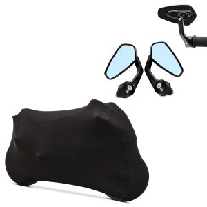 Set: Motorradabdeckung Indoor M-L Stretch Garage in schwarz + Lenkerendenspiegel LS4 Lenkerspiegel in schwarz