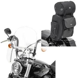 Set: Moto Sissy Bar Sacoche arrière SXL avec Sac Rouleau en noir + Moto Paré-Brise CW1 pour Chopper Cruiser et Custombikes clair