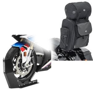 Set: Sissybar Tasche SXL Hecktasche mit Gepäckrolle in schwarz + Transportständer Easy-Fix Wippe bis 21 Zoll schwarz_1