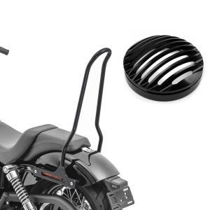 Set: Sissybar für Harley Dyna Street Bob / Low Rider S 09-17 Tampa + Scheinwerfer Grill Harley Davidson Sportster 04-20 in schwarz_1