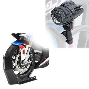 Set: LED Zusatzscheinwerfer mit Sturzbügel Halter und Schutzgitter SX22 + Transportständer Easy-Fix Motorradwippe bis 21 Zoll schwarz
