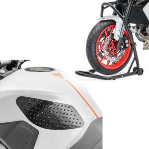 Set: Béquille sous tete de fourche Classic leve moto roue avant noir + Moto Protège réservoir lateraux Grip Pad M Protection en noir