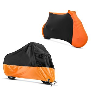 Set: Motorradabdeckung Indoor M-L Stretch Garage in schwarz-orange + Abdeckplane XL Abdeckhaube in schwarz-orange