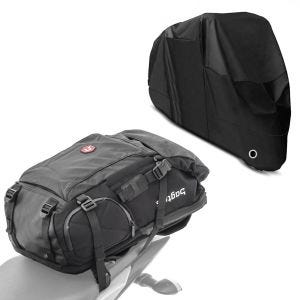 Set: Sac à dos moto HX5 Sacoche de selle imperméable 45Ltr avec porte-casque + Housse Moto XL Bache moto imperméable en noir