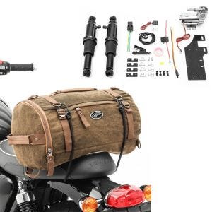 Set: Luftfederung Fahrwerk passend für Harley Davidson Touring 94-23 Craftride Air Ride schwarz + Motorrad Hecktasche Vintage 25L Canvas Rucksack Gepäckrolle braun Craftride