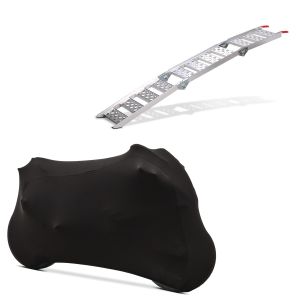 Set: rampe de chargement III en Alu max. 270 kg triple pliable + Housse moto M-L Stretch Indoor Garage en noir