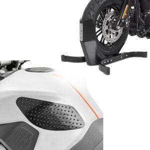 Set: Motorradwippe Easy Plus Vorderradwippe Motorradständer bis 21" schwarz + Tankpad seitlich Grip Pad M Seiten Tankpad Kniepad in schwarz