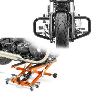 Set: Moto Pont elevateur ciseaux ConStands Mid-lift XL Cric hydraulique 500kg en orange + Moto Pare Carter Craftride Mustache Pare cylindre compatible avec Harley Davidson Softail 18-24 noir