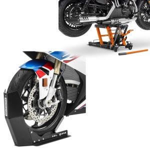 Set: Pont elevateur ciseaux L Pont hydraulique compatible avec moto custom et motos custom + Bloque Roue Easy-Fix Béquille Avant à 21 Pouces noir CB38866