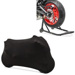 Set: Béquille d'atelier arrière ST Racing noir mat + Housse moto M-L Stretch Indoor Garage en noir