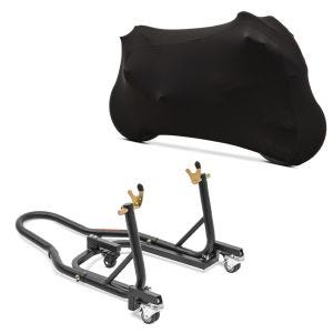 Set: Rangierhilfe Montageständer Hinterrad Mover 2 Racing schwarz matt Constands + Motorradabdeckung Indoor M-L Stretch Garage in schwarz
