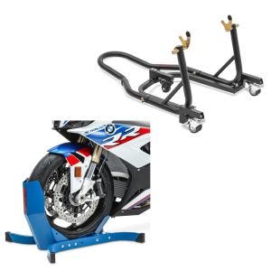 Set: Béquille de Range Arrière Mover II Racing noir mat + Bloque Roue Easy-Plus Bequille Avant à 21 Pouces bleu