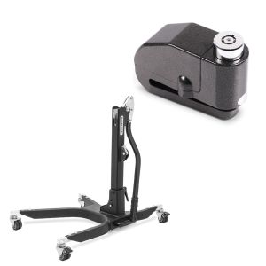 Set: Zentralständer ohne Adapterplatte in matt Motorradheber Power-Classic + Bremsscheibenschloss Alarm 110dB BS-Motoparts Diebstahlschutz schwarz