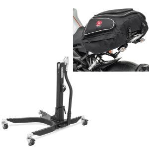 Set: Lève moto centrale Power noir mat sans plaque de base + Moto Sacoche de selle X50 Porte-bagages arrière 50Ltr en noir