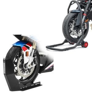 Set: Béquille sous tete de fourche Falcone leve moto roue avant + Bloque Roue Easy-Fix noir Béquille Avant à 21 Pouces noir-mate
