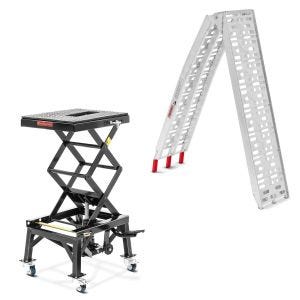 Set: Pont elevateur hydraulique Cross Lift XL noir + rampe de chargement en Alu max. 340 kg pliable pour scooter quad ATV
