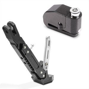 Set: Bremsscheibenschloss Alarm 110dB BS-Motoparts Diebstahlschutz schwarz + Seitenständer Universal Höhenverstellbar Aluminium schwarz