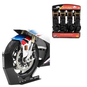 Set: Bloque Roue Easy-Fix Béquille Avant à 21 Pouces noir + Moto Sangle Set avec cliquet et crotchet incl 4x boucles de chargement