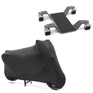 Set: Rangierhilfe für Hauptständer Easy Mover II bis 400kg in grau + Motorradabdeckung Indoor XL-XXL Stretch Garage in schwarz