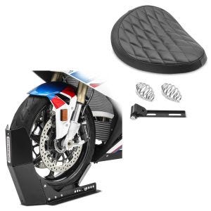 Set: Bobber Schwingsattel Diamond Contoured mit Federn passend für Custombikes in + Transportständer Easy-Fix Motorradwippe bis 21 Zoll schwarz