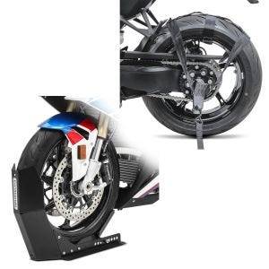 Set: Bloque Roue Easy-Fix noir Béquille Avant à 21 Pouces noir-mate + Sangle roue arrière moto d'arrimage pour transport noir