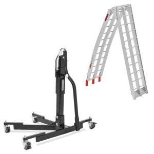 Set: Lève moto centrale Power Evo noir sans plaque de base + Rampe de Chargement Alu II en Alu max. 340 kg pliable pour Moto ATV