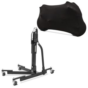 Set: Zentralständer ohne Adapterplatte schwarz Motorradheber Power-Evo + Motorradabdeckung Indoor M-L Stretch Garage in schwarz