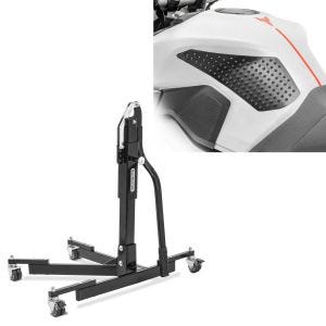 Set: Zentralständer ohne Adapterplatte schwarz Motorradheber Power-Evo + Seiten-Tankpad Grip Pad L schwarz Kniepad
