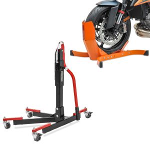 Set: Zentralständer ohne Adapterplatte rot Motorradheber Power-Evo + Motorradwippe Easy-Plus Motorradständer bis 21 Zoll orange