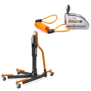 Lève moto centrale Power Evo orange sans plaque de base + Antivol bloque disque Alarme moto avec câble de rappel