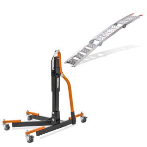 Lève moto centrale Power Evo orange sans plaque de base + rampe de chargement III en Alu max. 270 kg triple pliable