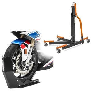 Set: Zentralständer ohne Adapterplatte orange heber Power-Evo + Transportständer Easy-Fix Wippe bis 21 Zoll schwarz_1