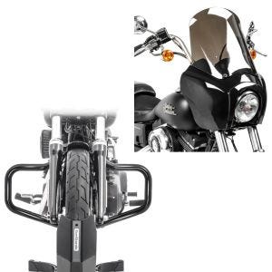 Set: Carenage compatible avec Harley Davidson Dyna Low Rider / Street Bob Craftride MG5 avec pare-brise noir-fumé + Pare cylindre Mustache compatible avec Harley Davidson Dyna - 2017 noir Craftride