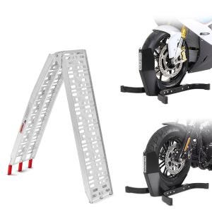Set: Rampe de chargement moto aluminium CS1 set bloque roue Easy Plus + Bloque Roue Easy-Plus Bequille Avant à 21 Pouces noir-mate
