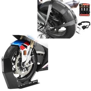 Set: Hinterrad und Lenker Zurrgurt mit 4x Ratschen-Spanngurten Set + Transportständer Easy-Fix Motorradwippe bis 21 Zoll schwarz_1