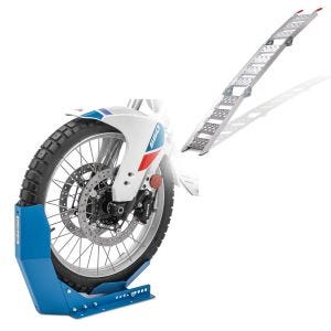 Set: Auffahrrampe bis 270 kg Alu-III dreifach klappbar + Transportständer Easy-Fix Motorradwippe bis 21 Zoll blau_1