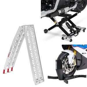 Set: Rampe de chargement moto aluminium CS1 set bloque roue Easy Plus + Moto Pont elevateur ciseaux Mid-lift XL Cric hydraulique 500kg en noir