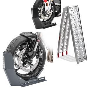 Set: Auffahrrampe Alu CS1 + Motorradwippe Easy Fix klappbar max. 340kg + Transportständer Easy-Fix Motorradwippe bis 21 Zoll grau_1