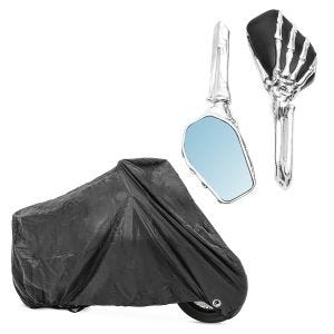 Set: Spiegel Skelett Hand passend für Japaner,Triumph chrom-schwarz Craftride + Motorrad Abdeckplane Craftride XXL Abdeckhaube in schwarz