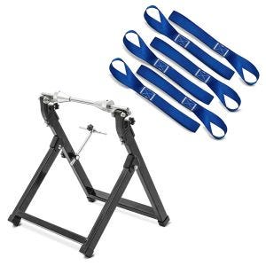 Set: Équilibreuse pneu moto WU-2 équilibreuse de roues en noir + Sangle loops set, 6er Big Pack Blue