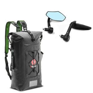 Set: Sac à dos moto sacoche arrière rouleau Imperméable Drybag WPX + Rétroviseur Embout de guidon LS2 pour 22mm et 1 pouce noir 