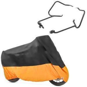 Set: Kofferträger für Harley Touring 14-21 mit Schutzbügel schwarz + Abdeckplane XXXL Abdeckhaube in schwarz-orange_1